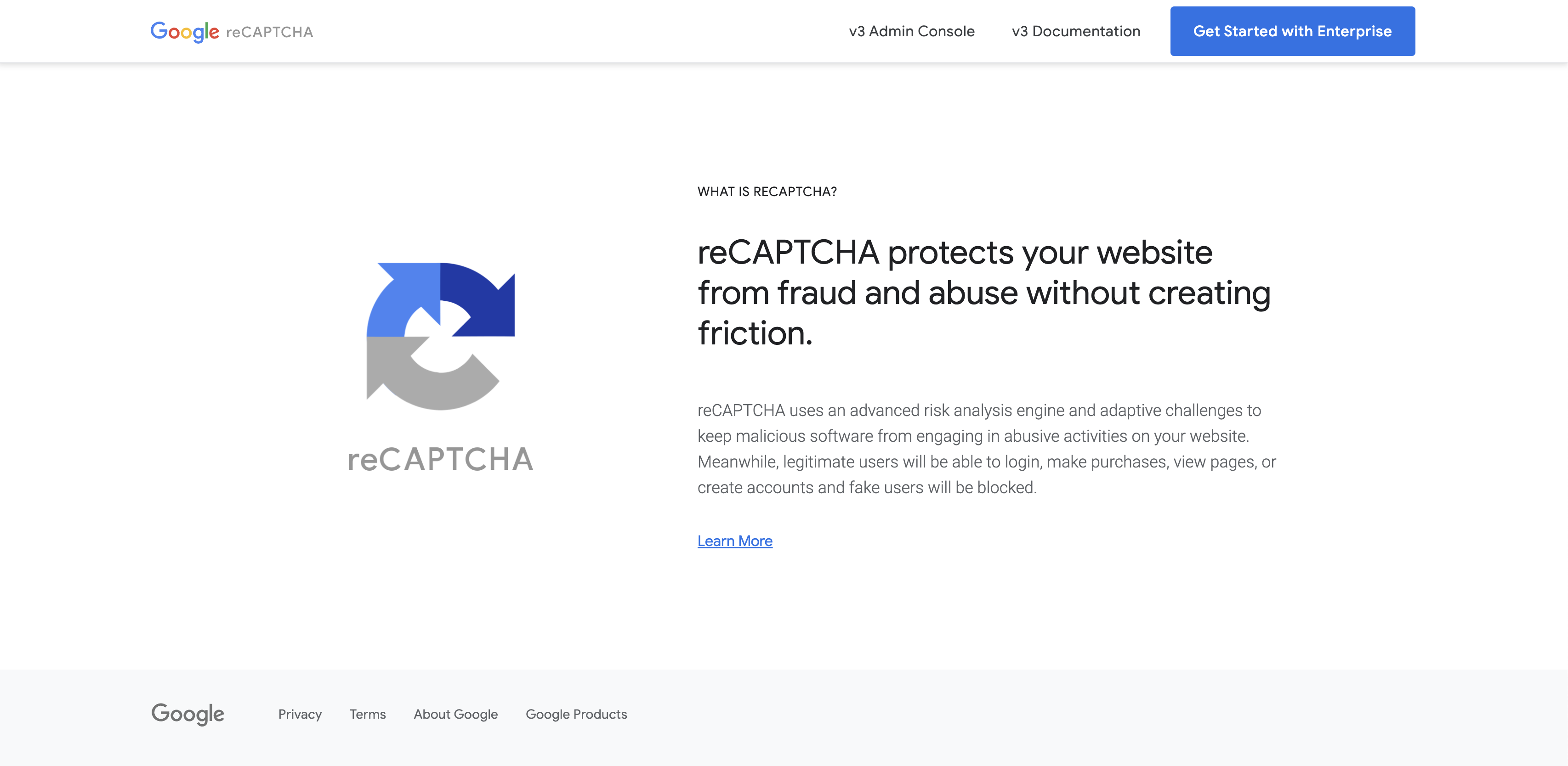 Google reCAPTCHA Homepage