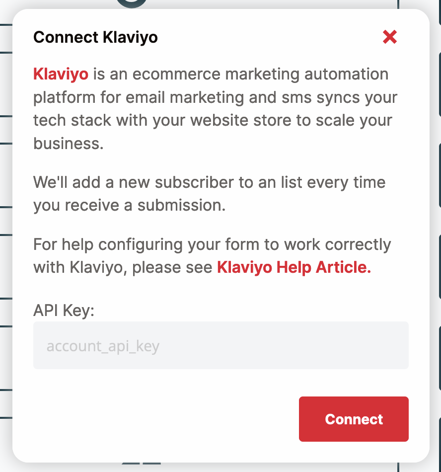 Modal to connect Klaviyo plugin