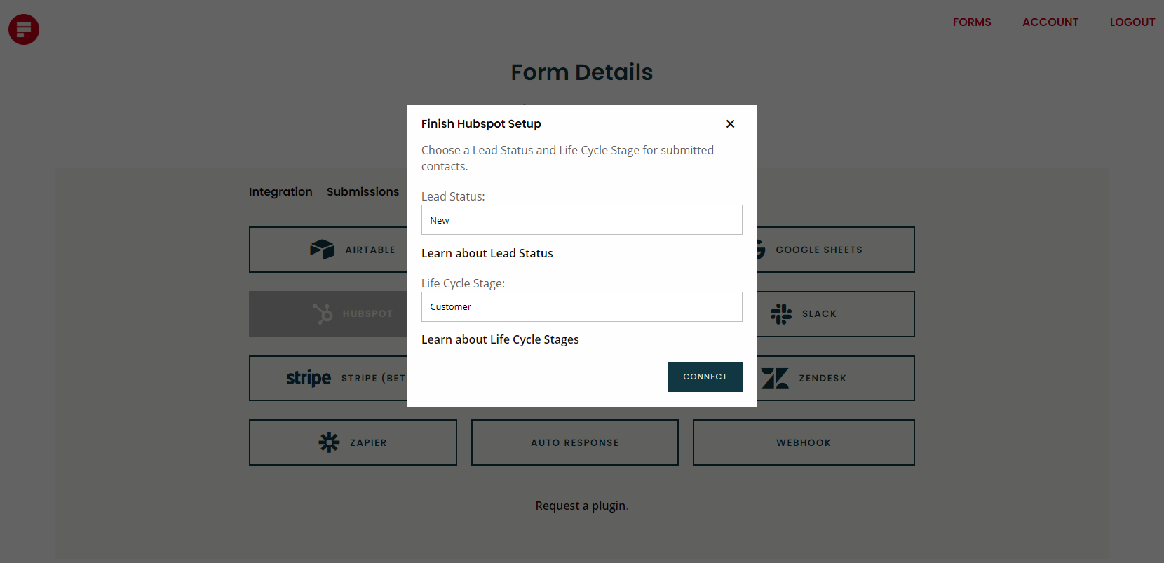 Pop-up box with HubSpot lead status set to “new” and lifecycle stage set to “customer”