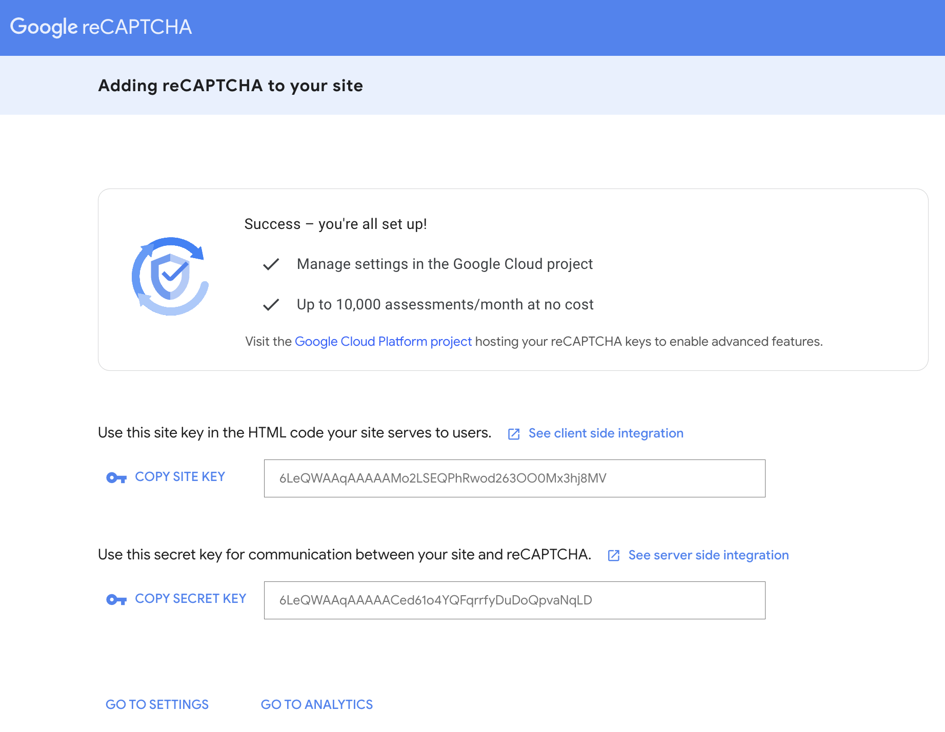 Retrieving the reCAPTCHA v2 keys.